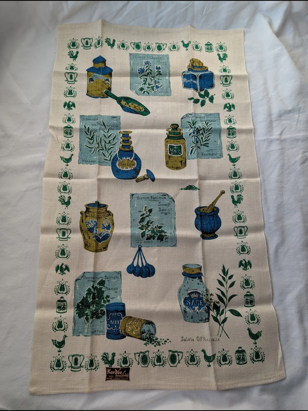 Vintage KayDee Handprints Linen Blue & Green Kitchen Towels - Rooster & Spices